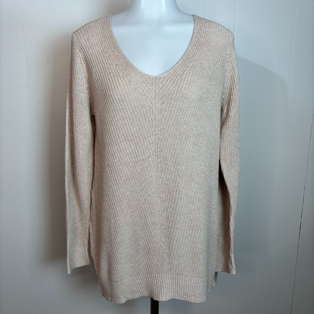 Old Navy Tunic Sweater Medium Beige V-Neck Long Sleeve Pullover Women's